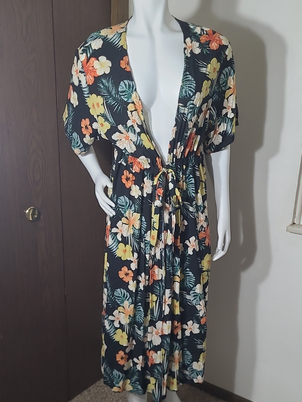 wild fable Black Floral Tie-Front Maxi Dress with Yellow & Orange Blooms